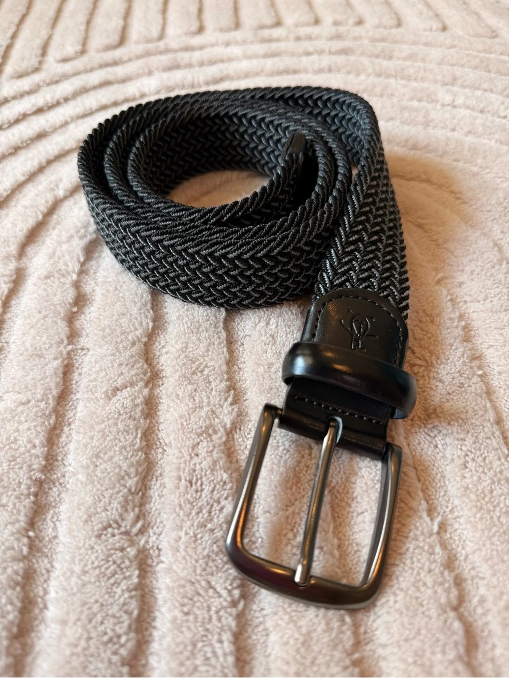 Original Penguin Black Braided Elastic Belt with Leather Trim
